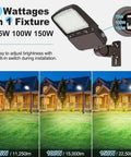 Comparison of Beast Bright 150W LED Parking Lot Light With Dusk To Dawn Photocell Outdoor Power at 75W, 100W, and 150W settings.