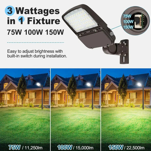 Comparison of Beast Bright 150W LED Parking Lot Light With Dusk To Dawn Photocell Outdoor Power at 75W, 100W, and 150W settings.