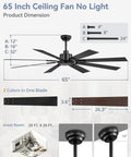 Diagram of 65 Inch No Light Ceiling Fan With Remote In Black, Large Indoor Outdoor Ceiling Fan With Quiet Reversible DC Motor