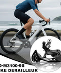 Cyclist riding bike with inset of 9 Speed Rear Derailleur For Mountain And Commuter Bikes Direct Mount RD M3100 GS