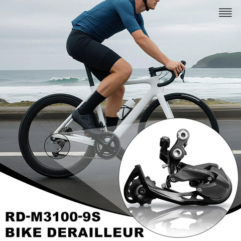 Cyclist riding bike with inset of 9 Speed Rear Derailleur For Mountain And Commuter Bikes Direct Mount RD M3100 GS