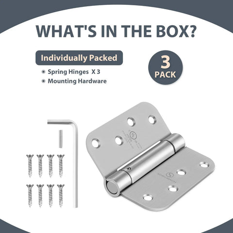 Front view of satin self-closing door hinge with 5/8-in radius; 3-pack includes mounting screws and hex key.
