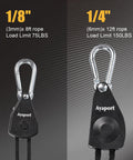Comparison of Adjustable Rope Hanger With Locking Ratchet Tie Down for Grow Lights, showing 1/8-inch and 1/4-inch options.