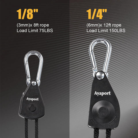 Comparison of Adjustable Rope Hanger With Locking Ratchet Tie Down for Grow Lights, showing 1/8-inch and 1/4-inch options.