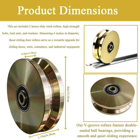 Built Tough Six Inch V Groove Gate Wheels With Dual Sealed Bearings, showing dimensions and features for sliding doors.