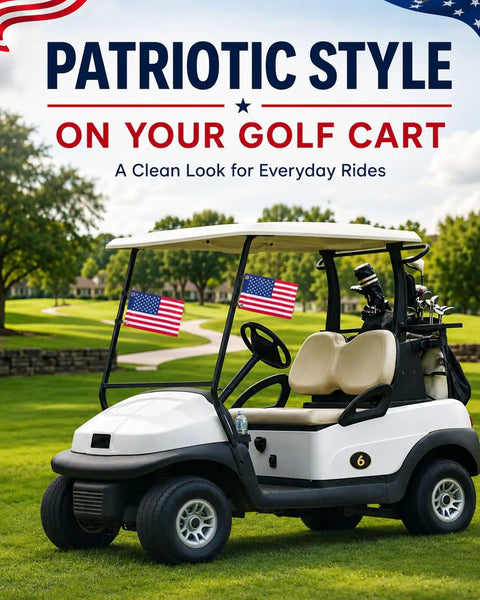 Premium Golf Cart American Flag 2 Pack 6X9 Inch Satin Patriotic Banner on golf cart with flags on a sunny green course.