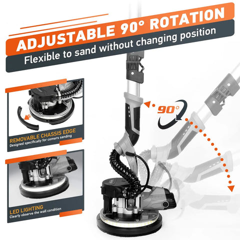 Drywall Sander With 900W Power, 24 Sanding Discs, 6 Speed Settings, 90-degree rotation feature with LED work light.