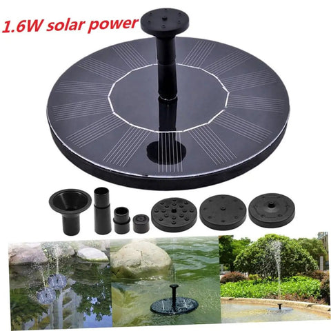 1.6W Solar Powered Pump Kit with spray heads for outdoor water features and fountains, ideal for gardens and bird baths.