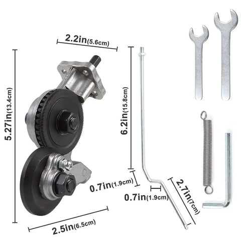 Powerful Electric Drill Plate Cutter Attachment For DIY Sheet Metal Cutting With Adapter shown with wrenches and measurements