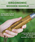 Close-up of ergonomic wooden handle of Heavy Duty Weeding Fork With Sharp Tines And Comfortable Wood Handle For Fast Weed Uprooting