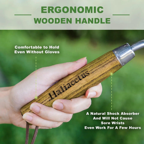 Close-up of ergonomic wooden handle of Heavy Duty Weeding Fork With Sharp Tines And Comfortable Wood Handle For Fast Weed Uprooting