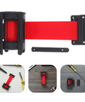 Heavy Duty Retractable Belt Barrier Wall Mounted Crowd Control Divider Featuring Smooth Gliding Telescoping Tape in red.