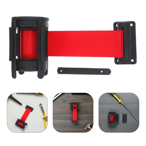 Heavy Duty Retractable Belt Barrier Wall Mounted Crowd Control Divider Featuring Smooth Gliding Telescoping Tape in red.