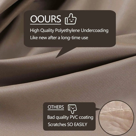 Close-up of durable 600D Oxford fabric with text highlighting high-quality polyethylene undercoating and comparison to PVC coating