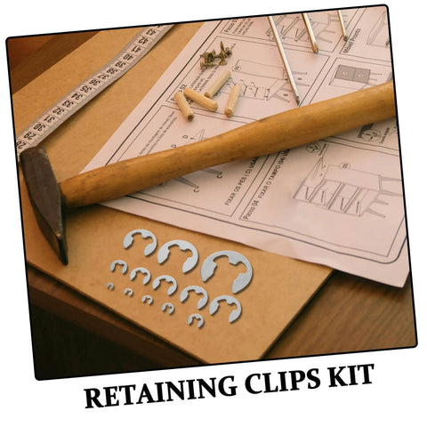 Stainless Steel External Circlip Assortment Kit E Type Retaining Rings for Shafts Gears and Bearings, hammer and instruction manual.