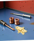 Durable Vintage Style Zinc Alloy Duckbill Toggle Latches 2 Pack on a blue workbench with tools and copper components.