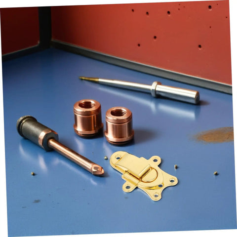 Durable Vintage Style Zinc Alloy Duckbill Toggle Latches 2 Pack on a blue workbench with tools and copper components.