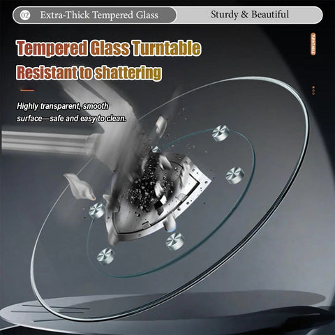 Tempered Glass Lazy Susan Turntable For Dining Table, showing six-wheel rotating tray and aluminum base, on dark background.