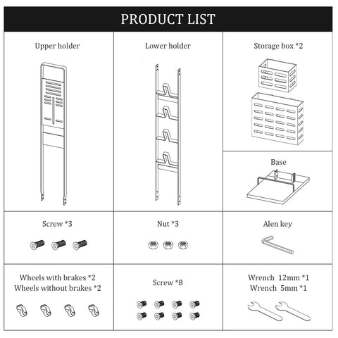 Diagram showing components of Heavy Duty Cordless Vacuum Stand Docking Station With Wheels including holders and accessories.