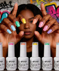 Woman showcasing nails with Six Candy Colors Gel Nail Polish Set HEMA Free TPO Free Soak Off Gel Polish Kit 15ml UV LED Safe.