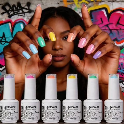 Woman showcasing nails with Six Candy Colors Gel Nail Polish Set HEMA Free TPO Free Soak Off Gel Polish Kit 15ml UV LED Safe.