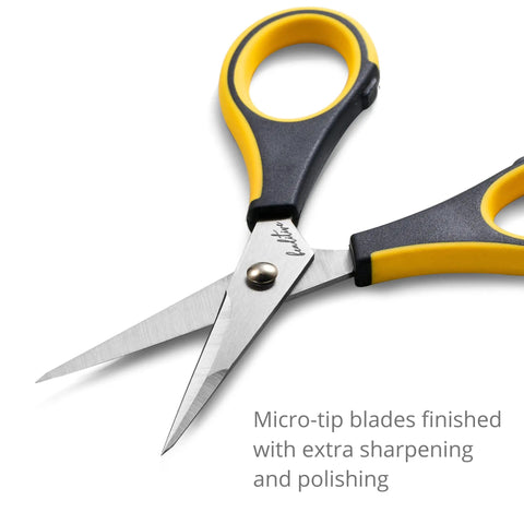 Ultra Sharp Precision Craft Scissors With Stainless Steel Blades And Safety Cap Micro Tip For Fine Paper Crafting Scrapbooking School Projects Home And Office Use Non Slip TPR Handles For Easy Grip Kid Friendly And Comfortable Everyday DIY, close-up