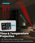 Projection Alarm Clock With Weather Station And Ceiling Projector For Bedroom Readouts Of Indoor Outdoor Temperature And Humidity Plus Auto Dim Backlight And WWVB Atomic Time Display showcasing time and temperature projection in bedroom.