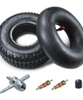 9x3.50-4 Tire With Inner Tube Replacement For 49cc Stand Up Gas Scooter 4-Wheeler Garden Tractor Go Kart Lawn Mower 2-Stroke Mini ATV Beefed-Up Heavy Duty Parts With Durable Construction, showing tire, inner tube, and valve accessories