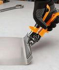 Person using Six Inch Straight Jaw Sheet Metal Seamer Hand Tool For Bending And Flattening Metal HVAC Duct Work Aluminum And Steel Pliers.