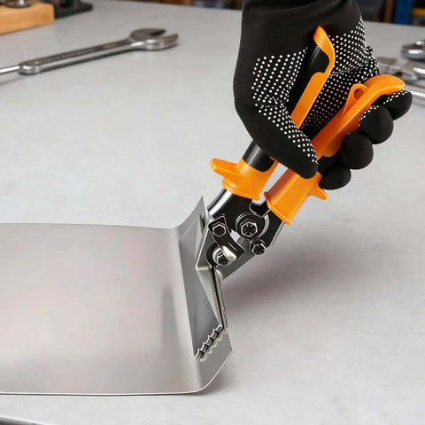 Person using Six Inch Straight Jaw Sheet Metal Seamer Hand Tool For Bending And Flattening Metal HVAC Duct Work Aluminum And Steel Pliers.