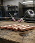 Ultimate 10 Piece Tig Gas Lens Kit For Wp 17 18 And 26 Welding Torch showing 5 copper collets on a workbench.