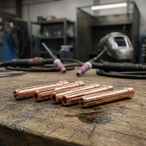 Ultimate 10 Piece Tig Gas Lens Kit For Wp 17 18 And 26 Welding Torch showing 5 copper collets on a workbench.