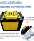 Badass Heavy Duty Electric Rebar Bender Automatic Hoop Bending Machine Built Tank Tough For Quarter To Two Inch Round Steel Bars showing foot pedal switch and lifting hooks for easy use.