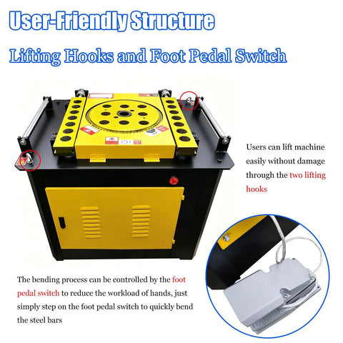 Badass Heavy Duty Electric Rebar Bender Automatic Hoop Bending Machine Built Tank Tough For Quarter To Two Inch Round Steel Bars showing foot pedal switch and lifting hooks for easy use.