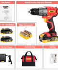 20V Brushless Cordless Drill Kit With Two Batteries, 530 Inch Lbs Torque, Half Inch All Metal Chuck, accessories and manual.
