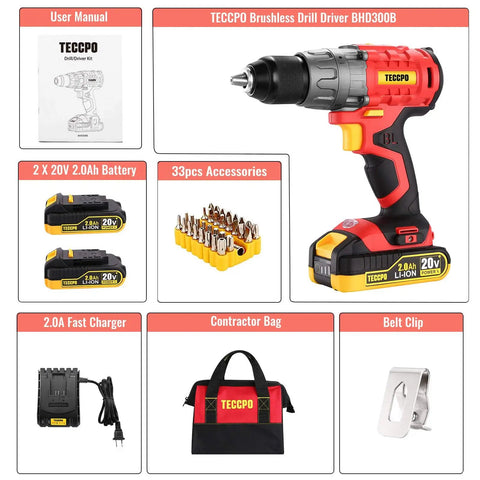 20V Brushless Cordless Drill Kit With Two Batteries, 530 Inch Lbs Torque, Half Inch All Metal Chuck, accessories and manual.