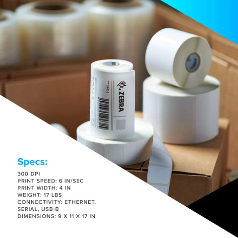 Industrial Thermal Transfer Printer With Sweet 300 Dpi Clarity And Badass Reliability For Top Shelf Label Printing Across Your Workspace Usb Serial Ethernet Hookup For Zero Hassle Daily Grind Operations, showing Zebra labels and rolls in a box.