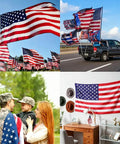 Collage of Heavy Duty Outdoor US Flag 2.5x4 Ft with Embroidered Stars And Sewn Stripes in various outdoor and indoor settings