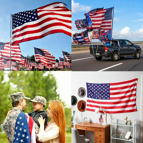 Collage of Heavy Duty Outdoor US Flag 2.5x4 Ft with Embroidered Stars And Sewn Stripes in various outdoor and indoor settings
