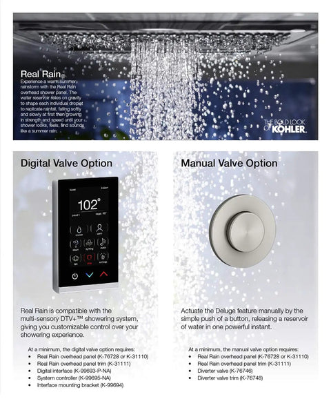 Real Rain Overhead Panel Trim Kit For Real Rain Panel K-31110 K-31111-CP showing digital and manual valve options