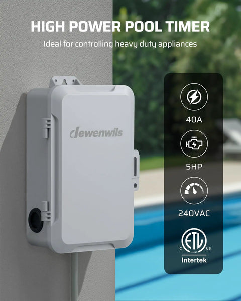 Rugged Heavy Duty Mechanical Timer Switch For Water Heaters And Pumps Featuring Dual Daily Programming And Wide Voltage Compatibility That Handles Five Horsepower Loads Without Breaking A Sweat mounted on a wall with pool in background.