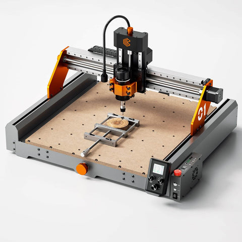 CNC machine with aluminum bench vise clamp for uniquely shaped woodworking and metalworking projects, 12.4 by 7 by 1.1 inches.