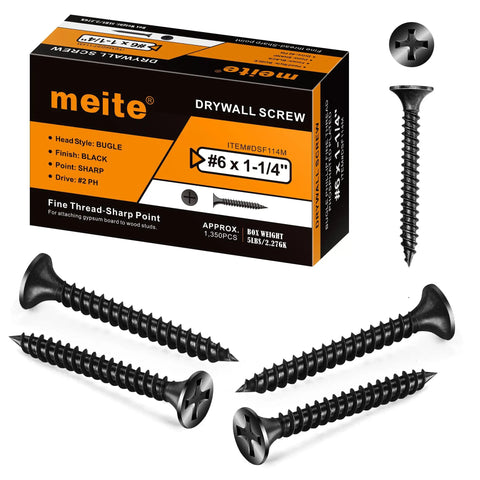 Heavy Duty Workhorse 6 X 1 1/4 Fine Thread Drywall Screws Self Tapping Phillips Drive with black phosphate coating in box.
