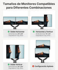 Diagram showing FlowLift Dual Monitor Stand For 13 To 32 Inch Screens, illustrating horizontal, vertical, and stacked configurations.