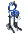 Heavy Duty Cart Airless Paint Sprayer For Interior And Exterior Jobs Featuring Stainless Steel Piston Pump, wheeled with hose.