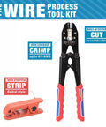 Pro Grade Lug Crimping Tool Kit For Battery Cables, 8 AWG To 4/0, shown with heavy duty crimper and radial wire stripper.