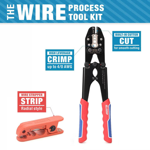 Pro Grade Lug Crimping Tool Kit For Battery Cables, 8 AWG To 4/0, shown with heavy duty crimper and radial wire stripper.