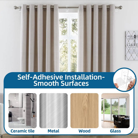 Self-adhesive curtain rod brackets; install on tile, metal, wood, glass. No Drill Adhesive Double Curtain Rod Brackets Set Of 4 Renter Friendly Heavy Duty Curtain Holders For Living Room And Bedroom Dual Rod Design Each Pair Holds Up To 13 Pounds Clear.