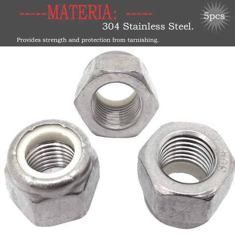 Rugged Nylon Insert Hex Lock Nuts Crafted From Pure 304 Stainless Steel With Fine Half Inch 20 Thread That Grips Machine Bolts Dead Tight Perfect For Workshop Barn And Home Build Outs Pack Of Five in close-up view.