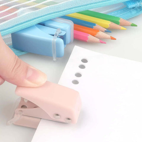 Using Three Piece Mini Hole Puncher Set with Six Sheet Capacity for ID Cards, Chipboard, Arts and Crafts in home or office setting